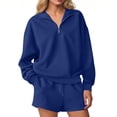 thumbnail image 1 of Womens Two Piece Outfits Sweatsuits Sports Sets Cotton 1/4 Zip Pullover Top and Elastic Waist Shorts with Pockets (S, Blue), 1 of 7