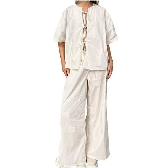 Womens Two Piece Outfits Tie Front Lounge Sets V Neck Short Sleeve and Shirt Wide Pants Suits Casual Solid Color Loungewear (Beige S)