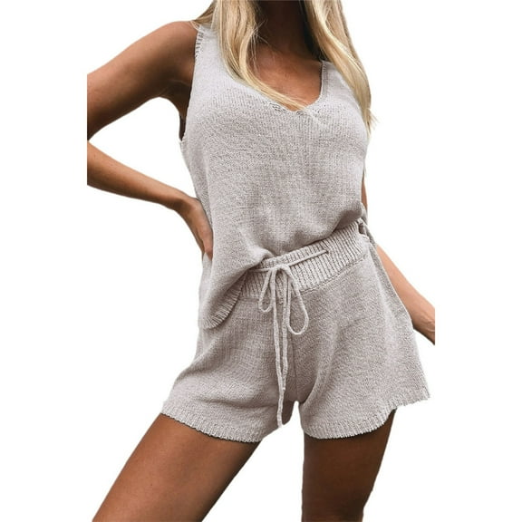 Womens Two Piece Outfits V Neck Sleeveless Knit Vest and Drawstring Shorts