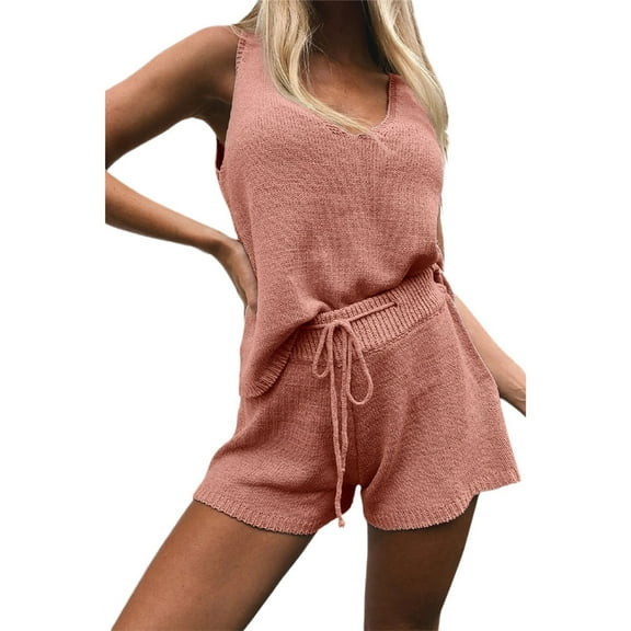 Womens Two Piece Outfits V Neck Sleeveless Knit Vest and Drawstring Shorts