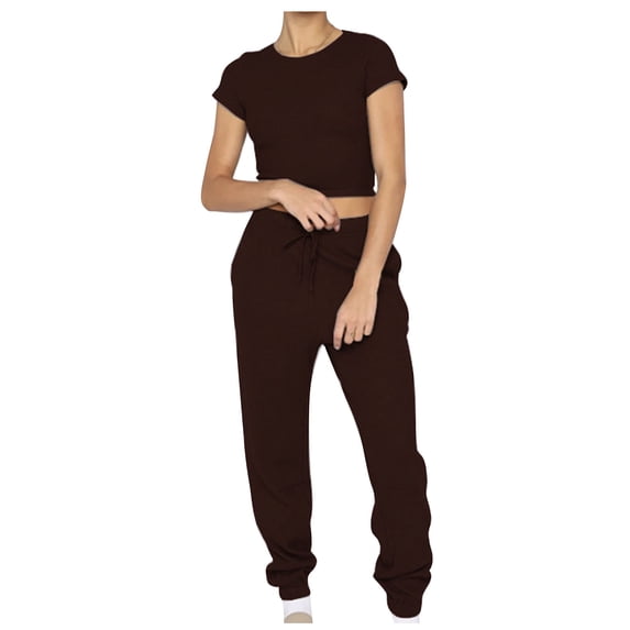Womens Two Piece Outfits Waffle Knit Lounge Set Short Sleeve Crop Tops Joggers Pants Workout Tracksuits Coffee, M