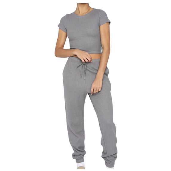 Womens Two Piece Outfits Waffle Knit Lounge Set Short Sleeve Crop Tops Joggers Pants Workout Tracksuits Gray, 2XL