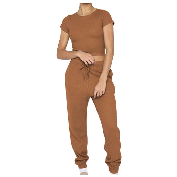 Womens Two Piece Outfits Waffle Knit Lounge Set Short Sleeve Crop Tops Joggers Pants Workout Tracksuits Yellow, M