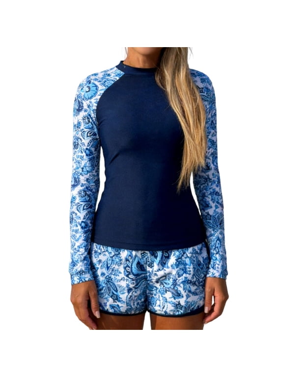 Womens Two Piece Rash Guard & Swim Shorts, Long Sleeve Swim Shirt, Quick Dry Swimsuits UPF 50+ SPF Sun & UV Protection