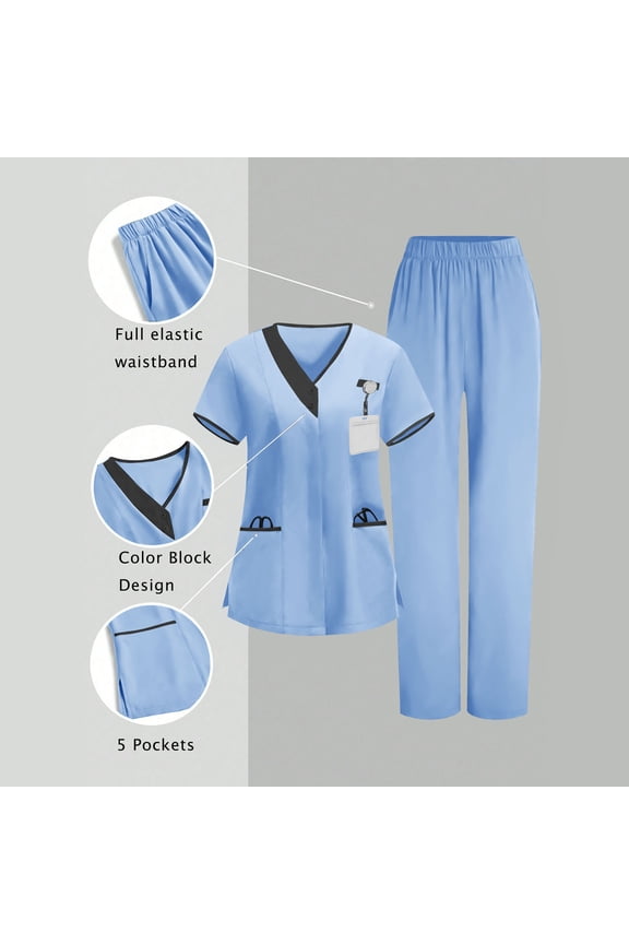 Womens Two Piece Scrub Sets V-Neck Color Blocking Short Sleeve Tops Elastic Waist Jogger Pants Nurse's Workwear Suits with Pockets Light Blue S-3xL