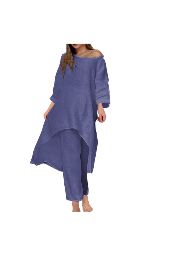 Womens Two Piece Set Dress Suit for Women Long Sleeve Cotton Linen Irregular Solid Crewneck Daily Wear Summer Set