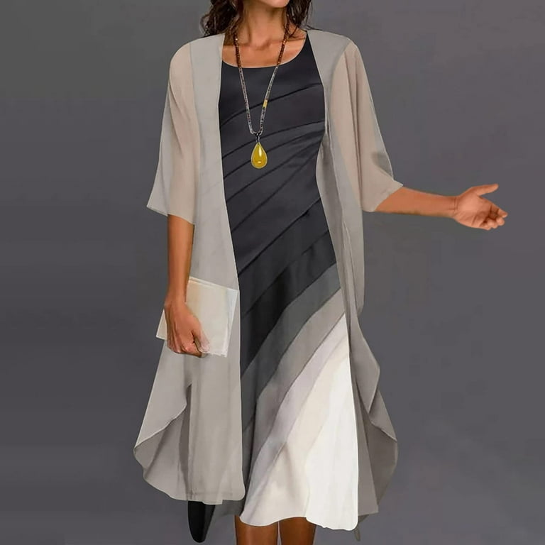 Womens Two-Piece Set Floral Embroidered Midi Dress with Chiffon