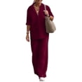 thumbnail image 1 of Womens Two Piece Set Long Sleeve Shirt Wide Leg Pants Casual Solid Color Spring Fall Outfit Deep Red L, 1 of 3