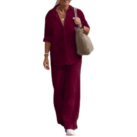 Womens Two Piece Set Long Sleeve Shirt Wide Leg Pants Casual Solid Color Spring Fall Outfit Deep Red L