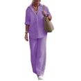 thumbnail image 1 of Womens Two Piece Set Long Sleeve Shirt Wide Leg Pants Casual Solid Color Spring Fall Outfit L, 1 of 3