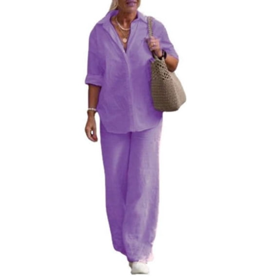 Womens Two Piece Set Long Sleeve Shirt Wide Leg Pants Casual Solid Color Spring Fall Outfit L
