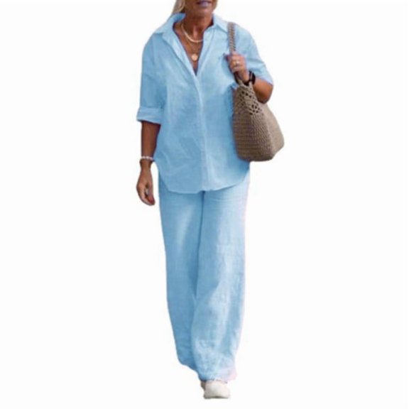 Womens Two Piece Set Long Sleeve Shirt Wide Leg Pants Casual Solid Color Spring Fall Outfit Light Blue XXL