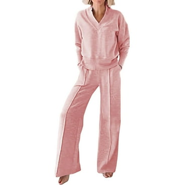 Womens Two Piece Sets Casual Sweatsuit V Neck Long Sleeve Oversized Sweatshirt and Sweatpants Tracksuit Trendy Spring Outfits Set Pink XXXXL
