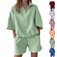 thumbnail image 1 of Womens Two Piece Sets Green Crew Neck Casual Solid Color Short Sleeve Shirt Shorts M, 1 of 6