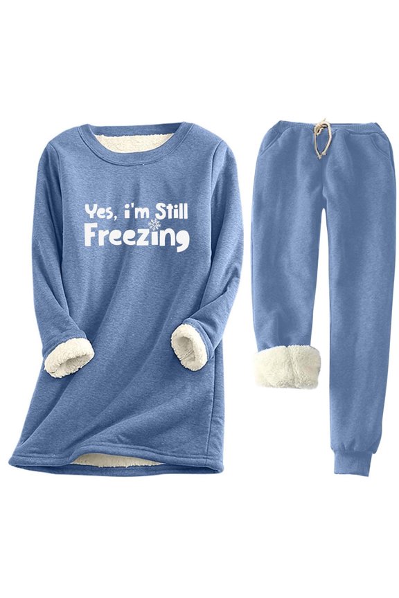 Womens Two-Piece Sets Long Sleeved Sets Solid Round Neck With Thickened Insulation Top Pocket Pants Set Blue S