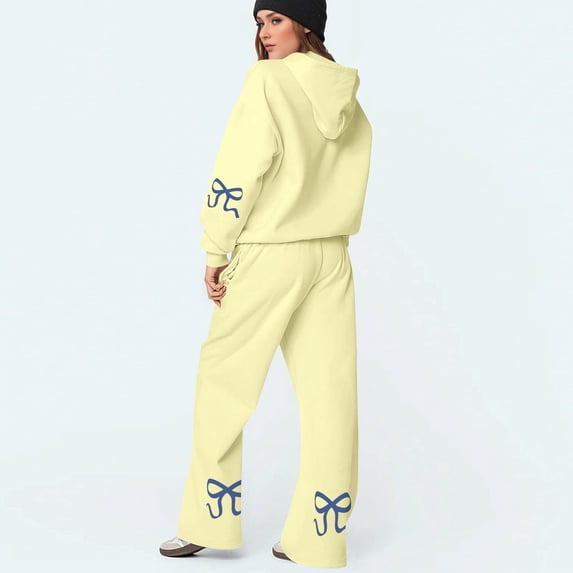 Womens Two Piece Sets Outfits Bow Fleece Fall Sweatpants and Hoodie Relaxed Fit Pullover Outings Sweatsuit, 2XL