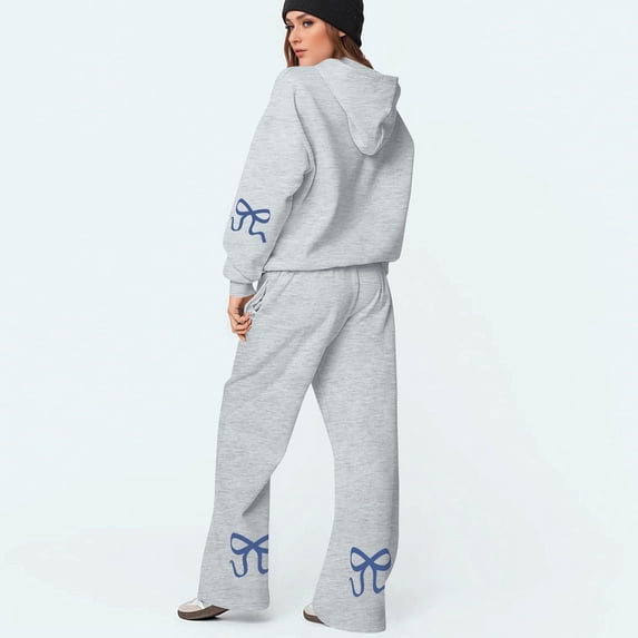 Womens Two Piece Sets Outfits Bow Fleece Fall Sweatpants and Hoodie Relaxed Fit Pullover Outings Sweatsuit, XL