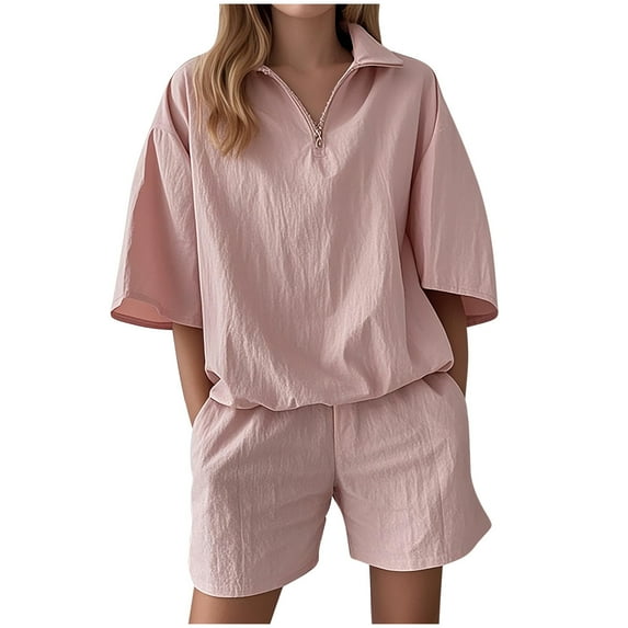 Womens Two Piece Sets Pink Crew Neck Casual Solid Color Short Sleeve Shirt Shorts M