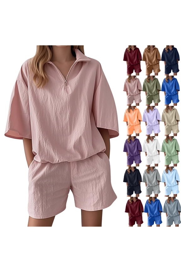 Womens Two Piece Sets Pink Crew Neck Casual Solid Color Short Sleeve Shirt Shorts M