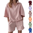 thumbnail image 1 of Womens Two Piece Sets Pink Crew Neck Casual Solid Color Short Sleeve Shirt Shorts M, 1 of 6