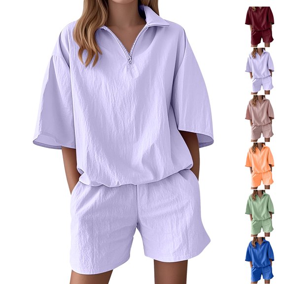 Womens Two Piece Sets Purple Crew Neck Casual Solid Color Short Sleeve Shirt Shorts S