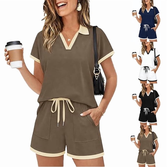 Womens Two Piece Sets Summer Shorts Matching Lounge Sets Short Sleeve Polo Shirts Sweatsuit with Pockets Airport Travel Outfit Clothes Coffee S