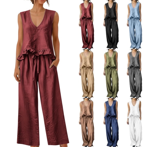 Womens Two Piece Sets Summer Spring Outfit Sets 100%Cotton Ruffled Tank Top and Flowy Palazzo Trousers