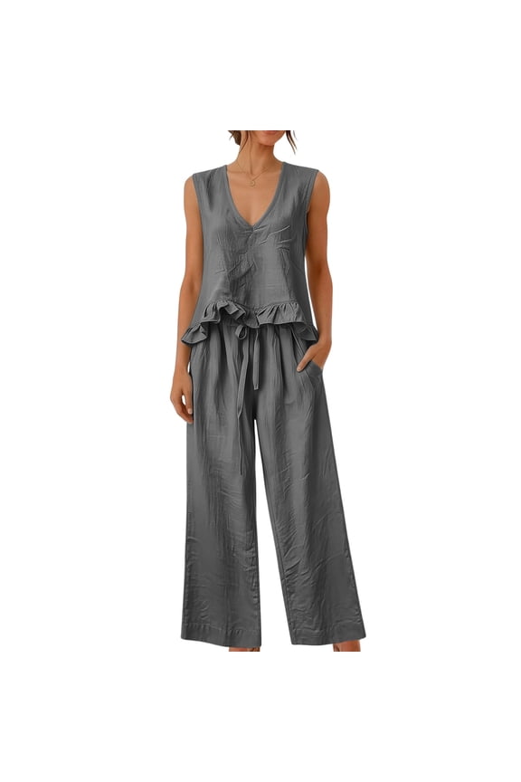 Womens Two Piece Sets Summer Spring Outfit Sets 100%Cotton Ruffled Tank Top and Flowy Palazzo Trousers