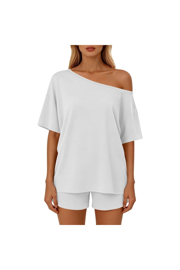 Womens Two Piece Sets Summer Spring Outfits Solid ColorLoose Off-Shoulder Beach Vacation Casual Two-Piece Set