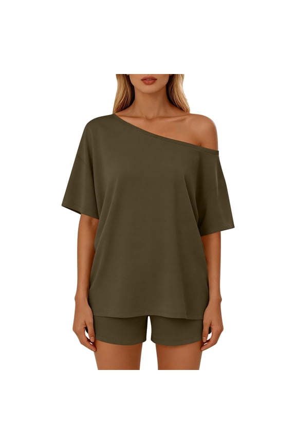 Womens Two Piece Sets Summer Spring Outfits Solid ColorLoose Off-Shoulder Beach Vacation Casual Two-Piece Set