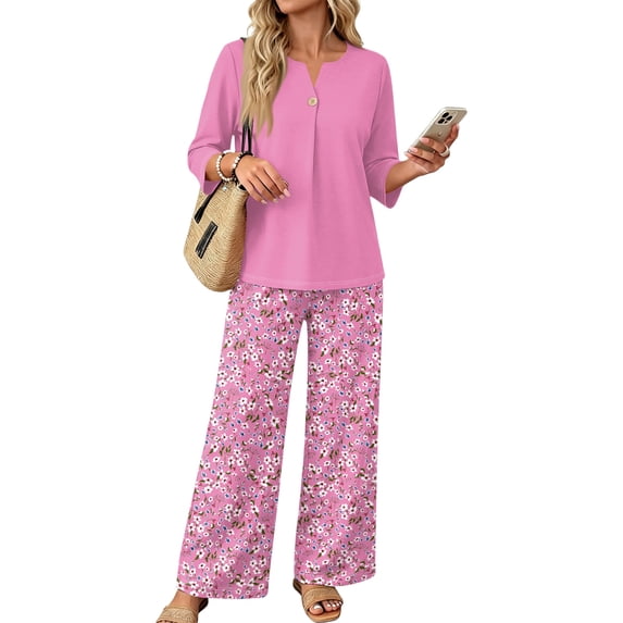 Womens Two Piece Sets Summer Spring Travel Vacation Outfits Short Sleeve Tops Wide Leg Pants Lounge Sets