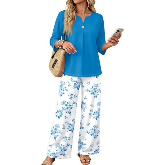 Womens Two Piece Sets Summer Spring Travel Vacation Outfits Short Sleeve Tops Wide Leg Pants Lounge Sets