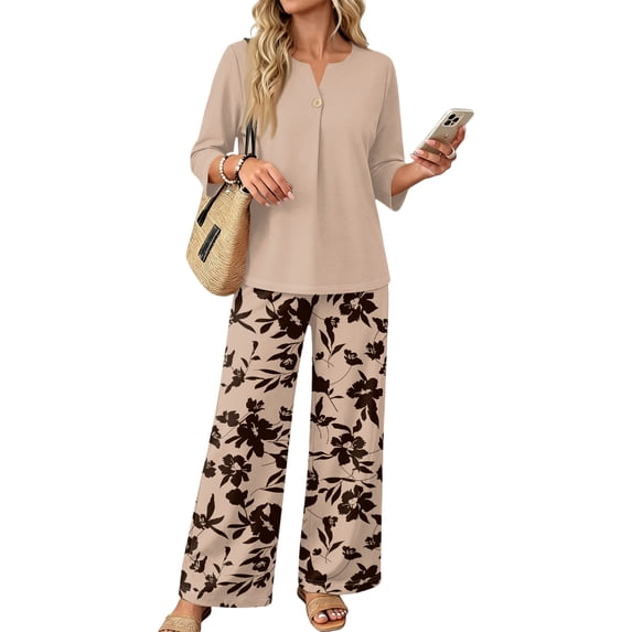 Womens Two Piece Sets Summer Spring Travel Vacation Outfits Short Sleeve Tops Wide Leg Pants Lounge Sets