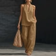thumbnail image 1 of Womens Two Piece Sets Summer Trendy Sleeveless V Neck Halter Tops Wide Leg Pants Casual Linen Lounge Outfits with Pockets, 1 of 9