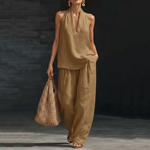 Womens Two Piece Sets Summer Trendy Sleeveless V Neck Halter Tops Wide Leg Pants Casual Linen Lounge Outfits with Pockets