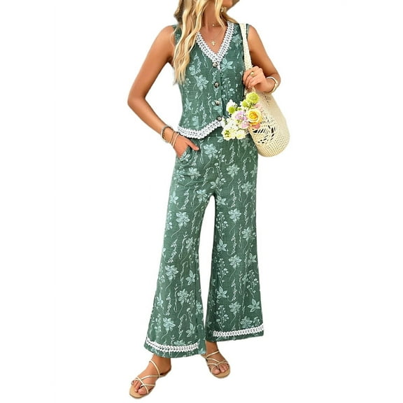 Womens Two Piece Sets Summer Vacation Outfits Button Down Resort Wear 2025 Long Matching Green M