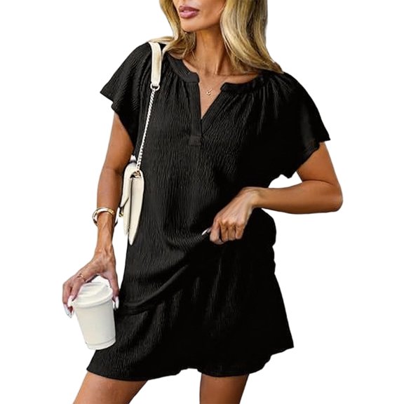 Womens Two Piece Sets V Neck Short Sleeve Top And Elastic Waist Drawstring Shorts Matching Set With Pockets For Home Daily Wear And Summer Vacation S Black