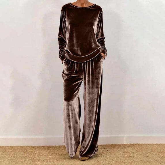 Womens Two Piece Sets Women's Casual Velvet Suit Loose Fitting Round Neck Pullover Tops with Wide Leg Trousers Casual Outfits Coffee S