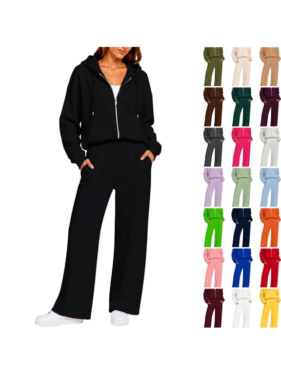 Womens Two Piece Sets Work Wide Leg Sweatpants Matching Long Sleeve Zip Up Hoodies Lightweight Fall Trendy Sets with Pockets Black S