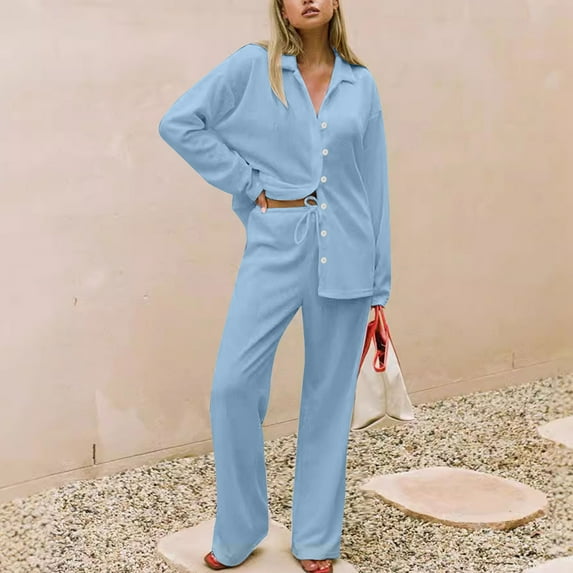 Womens Two Piece Shirts Suits Sets Casual Long Sleeve Button-Down Collar Shirt Wide Leg Pants Solid Knitted Soft Going Out Loungewear Outfits