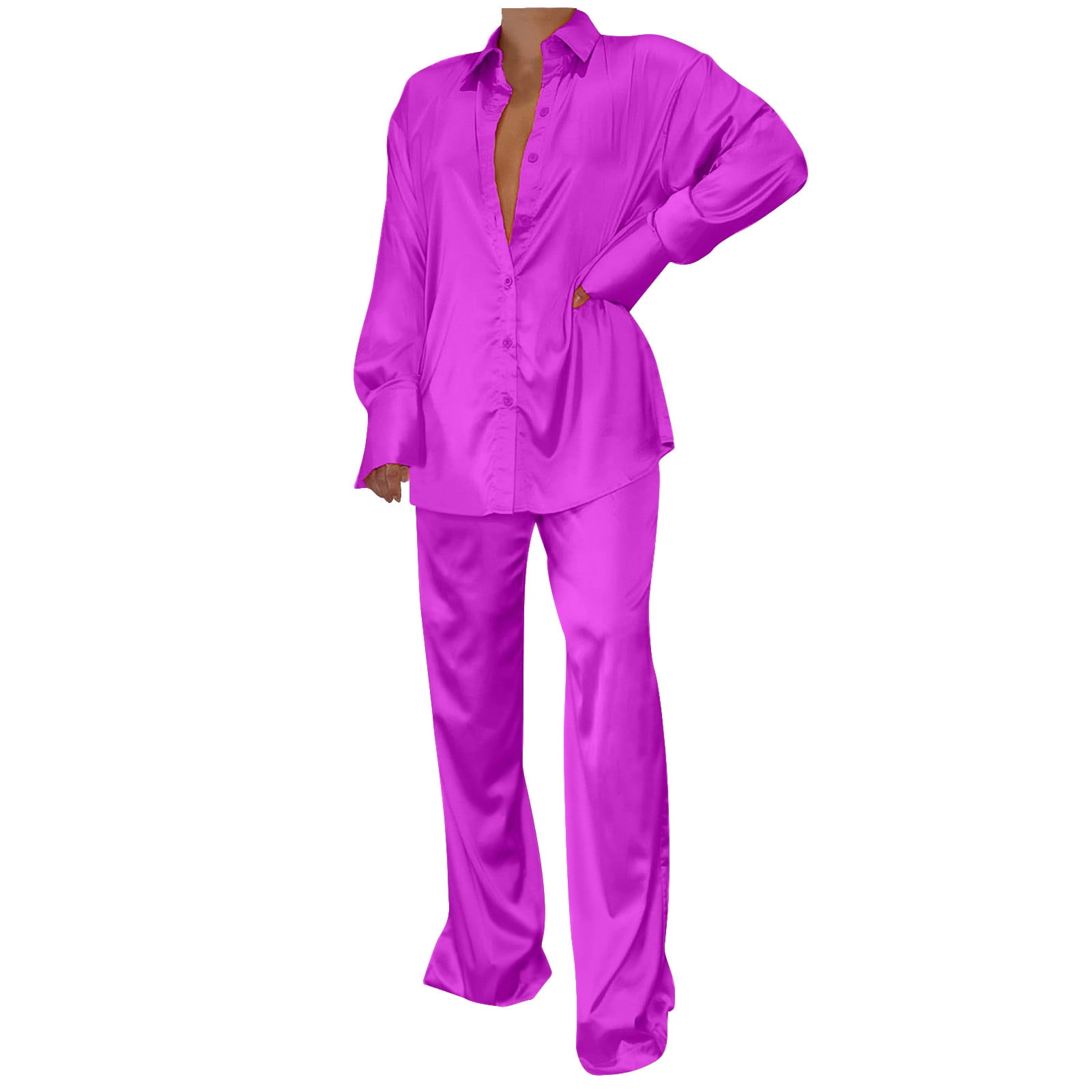 Womens Two Piece Silk Sets Plus Size S-5X Long Sleeve Button Up Shirts Wide Leg Pants Soft Pajama Outfits Casual Solid Loungewear Suits Set