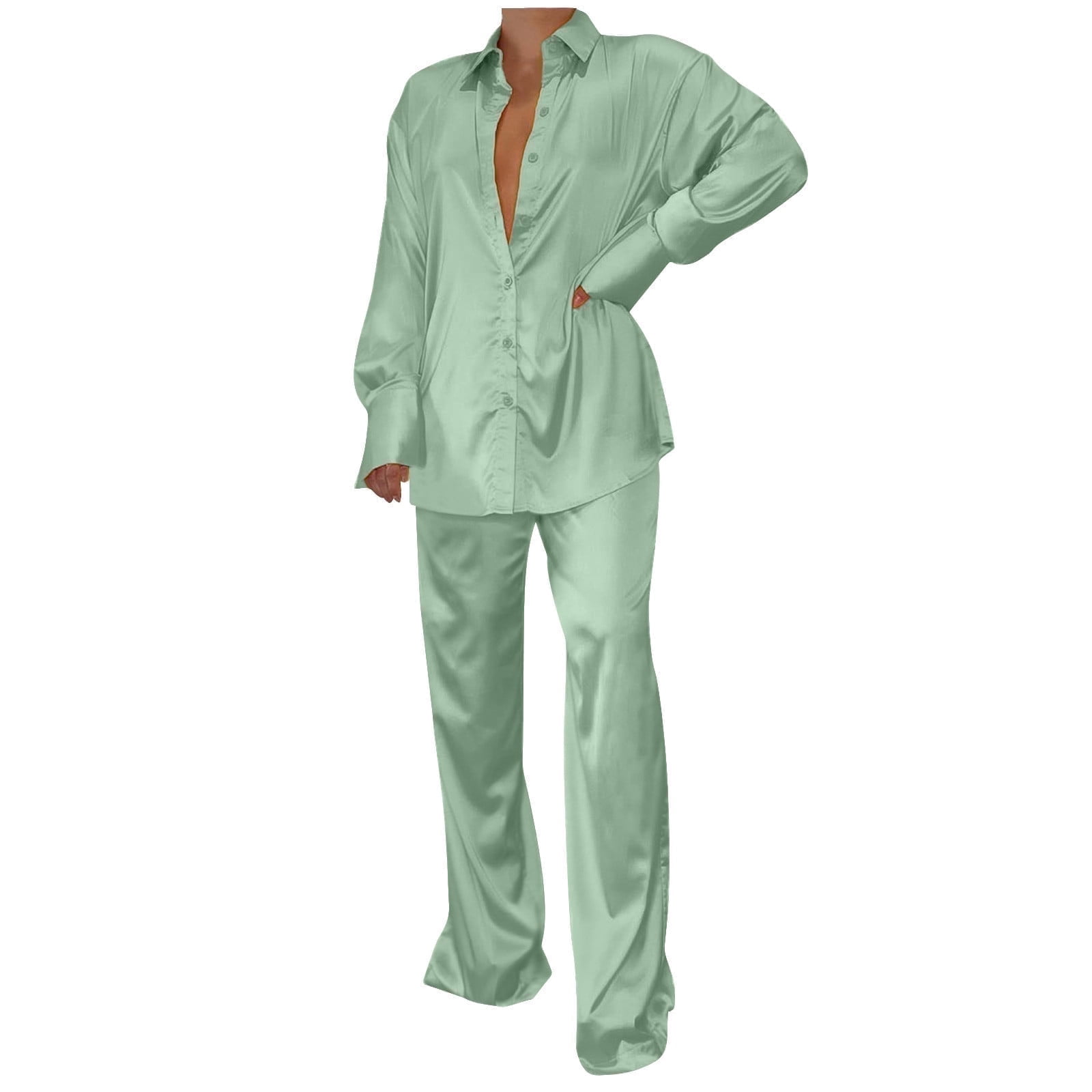 Womens Two Piece Silk Sets Plus Size S-5X Long Sleeve Button Up Shirts Wide Leg Pants Soft Pajama Outfits Casual Solid Loungewear Suits Set