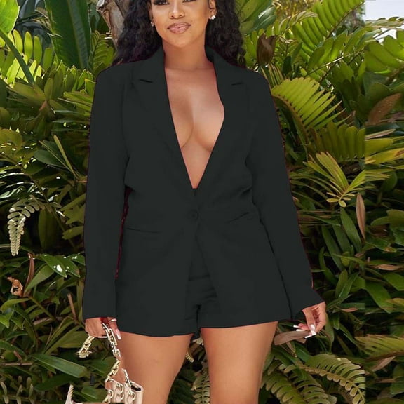 Womens Two Piece Suit Blazer Fall Fashion Casual Solid Color Long Sleeve And Short Pant Business Office Suit Black XL