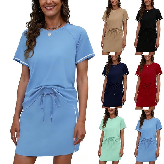 Womens Two Piece Summer Casual T-Shirts Short Sleeve Raglan Tops and Skirt Set: Breathable Vacation Pickleball Workout Running Activewear Tracksuit with Pockets