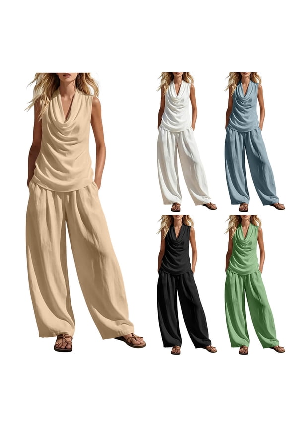 Womens Two Piece Summer Outfits Casual Lounge Sets Draped Cowl Neck Sleeveless Tops High Waist Wide Leg Cotton Linen Pants Beach, Travel Everyday Wear