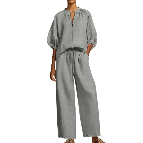 Womens Two Piece Summer Outfits Casual Lounge Sets Zip-Up Round Neck Puff Sleeve Tops Drawstring Waist Wide Leg Pants with Pockets Daily Commute