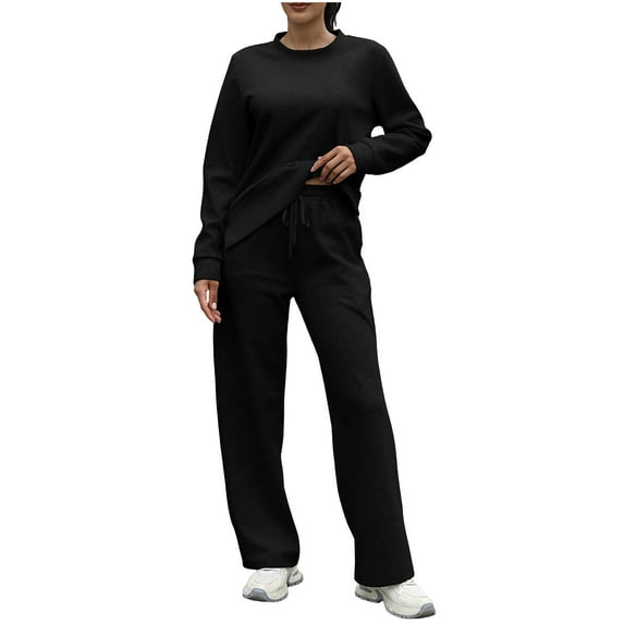 Womens Two Piece Sweatsuits Cotton Fleece Casual Pullover and Wide Leg Sweatpant Sets Track Suits Sportswear (L, Black)