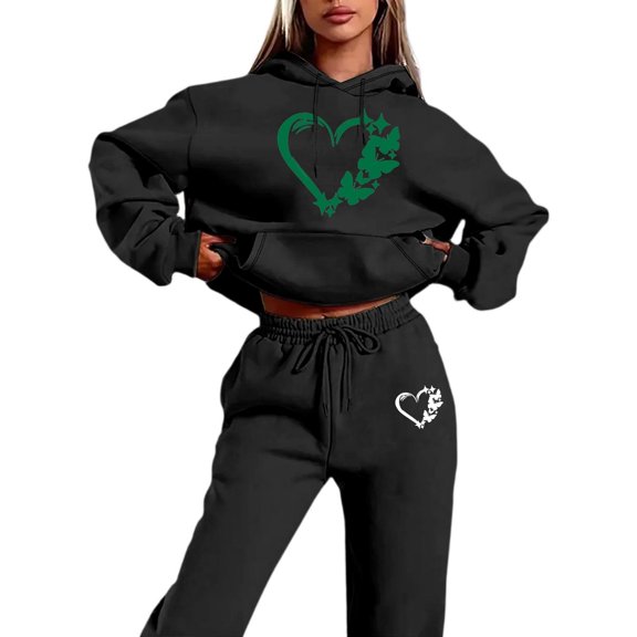 Womens Two Piece Sweatsuits Long Sleeve Heart Graphic Print Hooded Sweatshirts and Pants Oversized Matching Set Fall Winter Casual Tracksuit