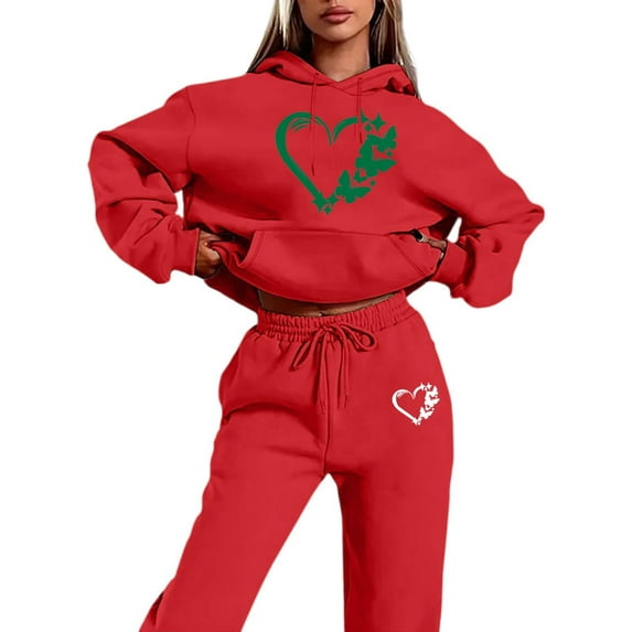 Womens Two Piece Sweatsuits Long Sleeve Heart Graphic Print Hooded Sweatshirts and Pants Oversized Matching Set Fall Winter Casual Tracksuit