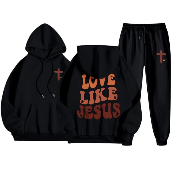 Womens Two Piece Sweatsuits Long Sleeve Jesus Letter Print Christian Hooded Sweatshirt and Sweatpants Baggy Comfy Fall Winter Track Suits Trendy